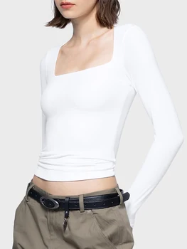 A nők Tér Nyakú Hosszú Ujjú póló Slim Fit Tetejét Alapvető Tee Füst Rétegződés Ki Szoros Y2K Felső Streetwear