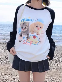 Deeptown Aranyos Macska Nyomtatás póló Női, Japán Stílus Cica Hosszú Ujjú Cutecore Maximum E-lány Póló Tini Lány Pulóver Alt