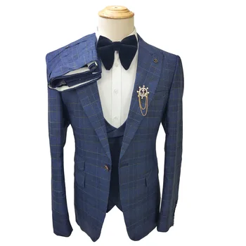 Egyéni Hivatalos kék kockás esküvői ruhák férfi Divat vőlegény bál Öltönyt, szmokingot férfi klasszikus trajes de hombre jelmez homme 남자 양복