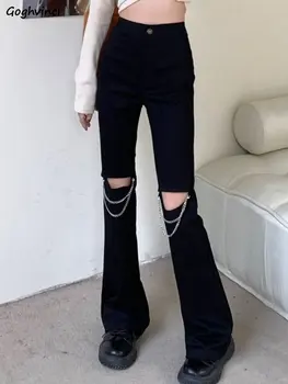 Lyuk Jeans Női Lánc Sovány Streetwear Szilárd Alkalmi Összes mérkőzés Divat Mosott Ulzzang koreai Stílus Vintage Nyári Személyiség